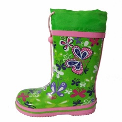 Kids green butterfly rubber rain boot with cuff