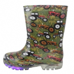 Kids green tractors light outsole pvc rain boot