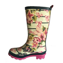 Lady beige rose floral rubber rain boot