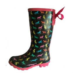 Lady pink horse rubber rain boot with ribbon