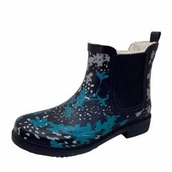 Lady navy leaves ankle rubber rain boot