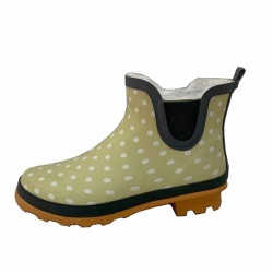 Lady white dot yellow ankle rubber rain boot