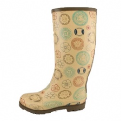 Lady beige round pattern rubber rain boot