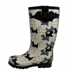 Lady white dog patter rubber rain boot