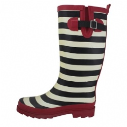 Lady black white stripe rubber rain boot