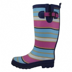 Lady colorful stripe rubber rain boot with buckle