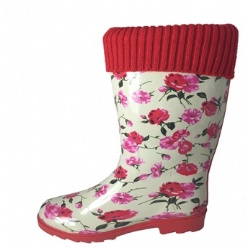 Lady pink rose rubber rain boot with removable lining