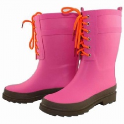 Lady solid pink shoelace rubber rain boot welly