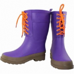 Lady solid purple shoelace rubber rain boot welly