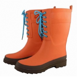 Lady solid orange shoelace rubber rain boot welly