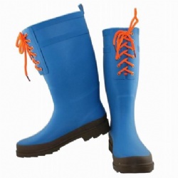 Lady solid blue shoelace rubber rain boot welly