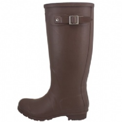 Lady solid brown long rubber rain boot welly