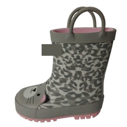 Girls grey pink cat rubber rain boot