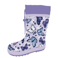 Kids purple butterfly rubber rain boot welly with cuff