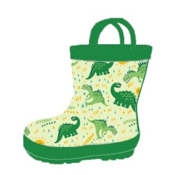 Kids green dino rubber rain boot welly with handle