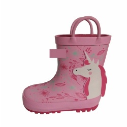 Kids pink unicorn rubber rain boot with handle