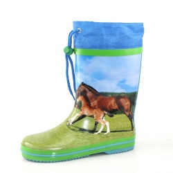 Kids latest hotsale horse rubber rain boot welly wtih cuff