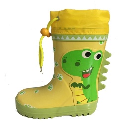 Kids waterproof yellow dino rubber rain boot welly with cuff