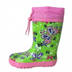 Kids waterproof green butterfly rubber rain boot welly with cuff