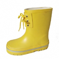 Kids waterproof yellow shiny shoelace rubber rain boot welly