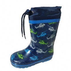 Kids wholesale navy airplane rubber rain boot welly with cuff