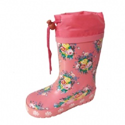 Kids wholesale pink flower rubber rain boot welly with cuff