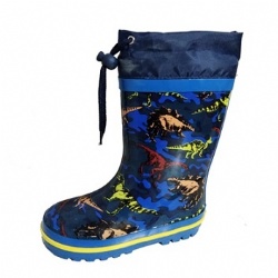 Kids wholesale navy dino rubber rain boot welly with cuff