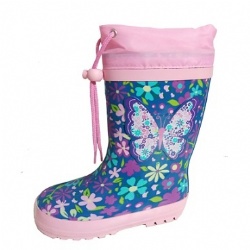 Kids factory price butterfly rubber rain boot welly with cuff