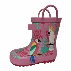 Kids pink parrot rubbe rain boot with handle