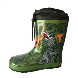 Kids customized green dinosaur rubber rain boot with cuff