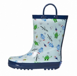 Kids customized blue robots rubber rain boot with handle