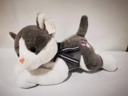 Kids prone position grey puppy furry toy